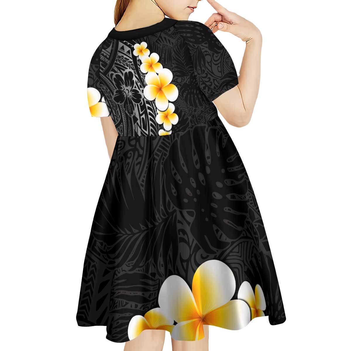 Black Tropical Plumeria With Galaxy Polynesian Art Kid Short Sleeve Dress LT14 - Polynesian Pride