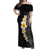 Black Tropical Plumeria With Galaxy Polynesian Art Off Shoulder Maxi Dress