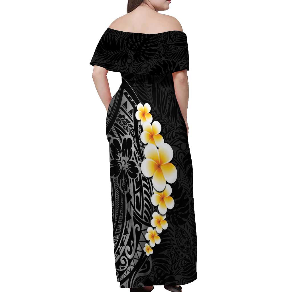 Black Tropical Plumeria With Galaxy Polynesian Art Off Shoulder Maxi Dress