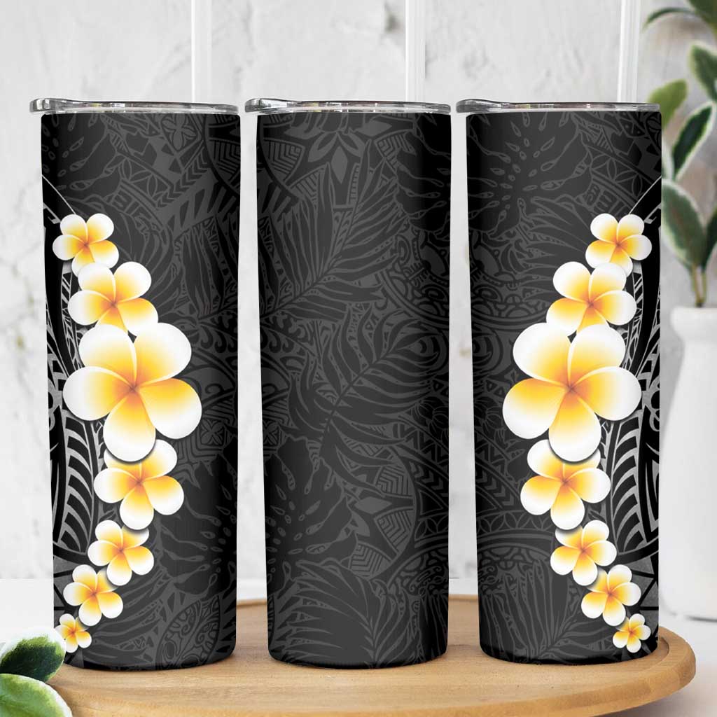 Black Tropical Plumeria With Galaxy Polynesian Art Skinny Tumbler