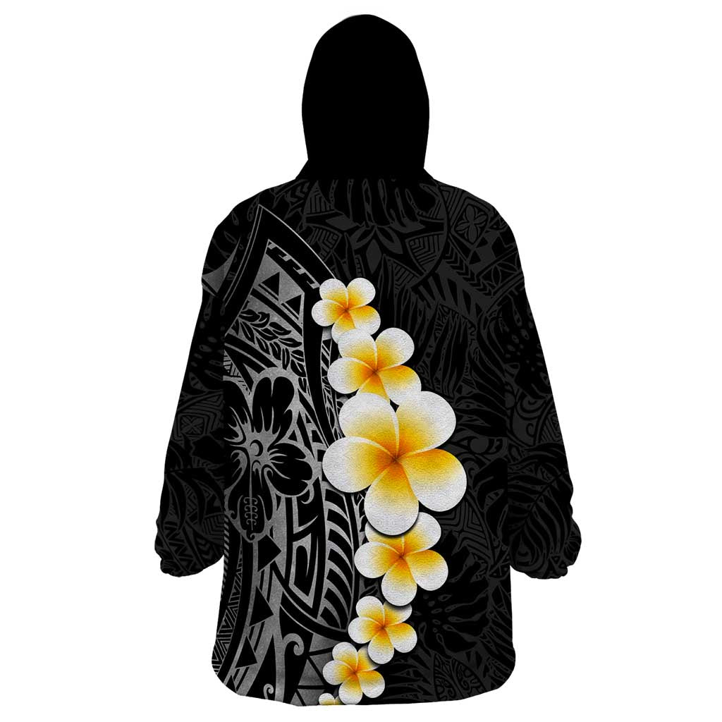 Black Tropical Plumeria With Galaxy Polynesian Art Wearable Blanket Hoodie