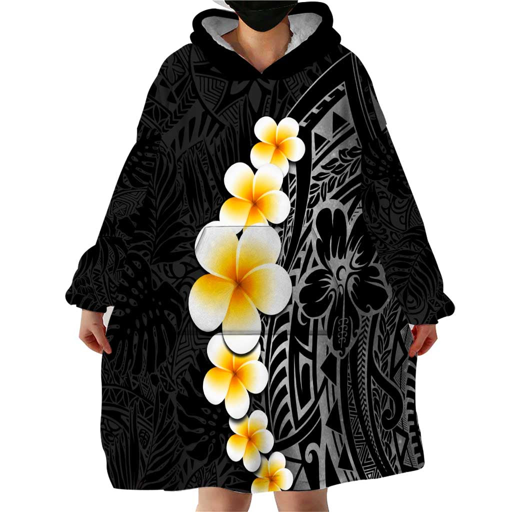 Black Tropical Plumeria With Galaxy Polynesian Art Wearable Blanket Hoodie
