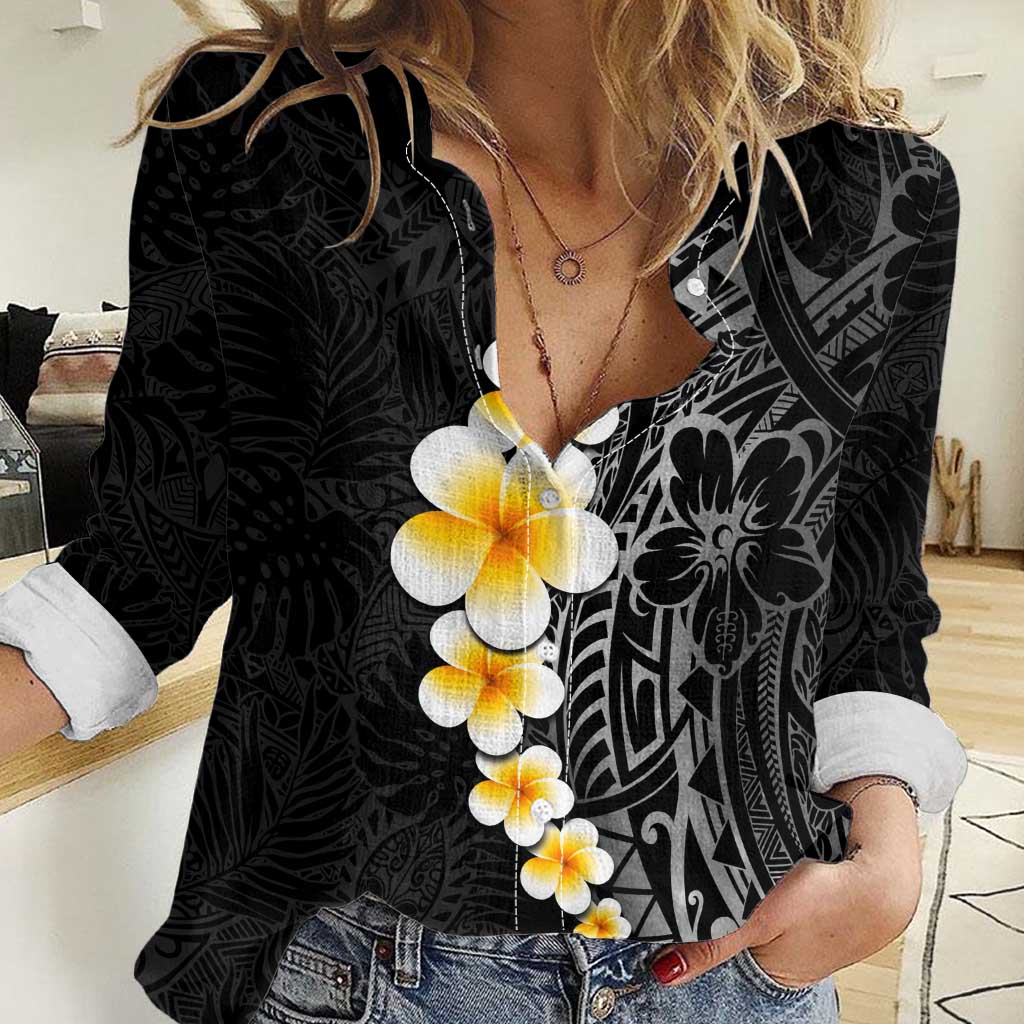 Black Tropical Plumeria With Galaxy Polynesian Art Women Casual Shirt LT14