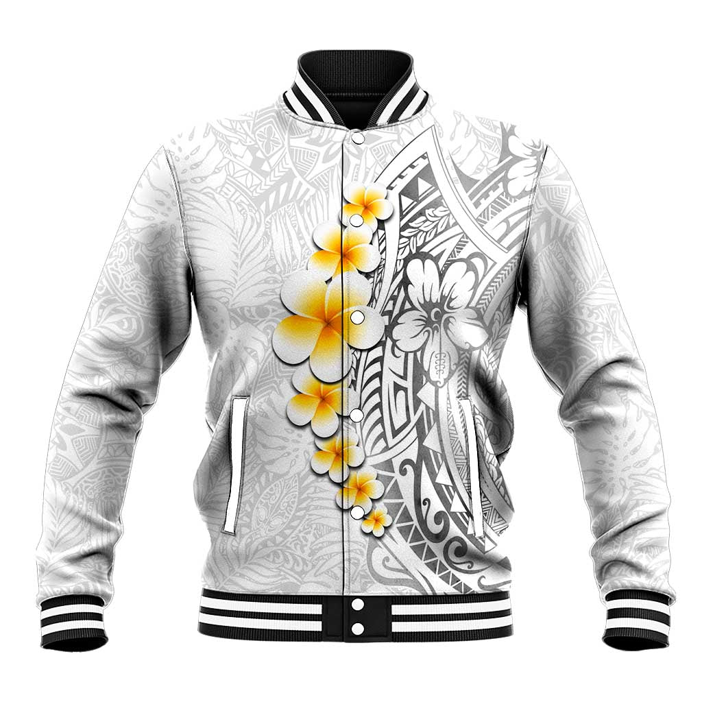 White Tropical Plumeria With Galaxy Polynesian Art Baseball Jacket
