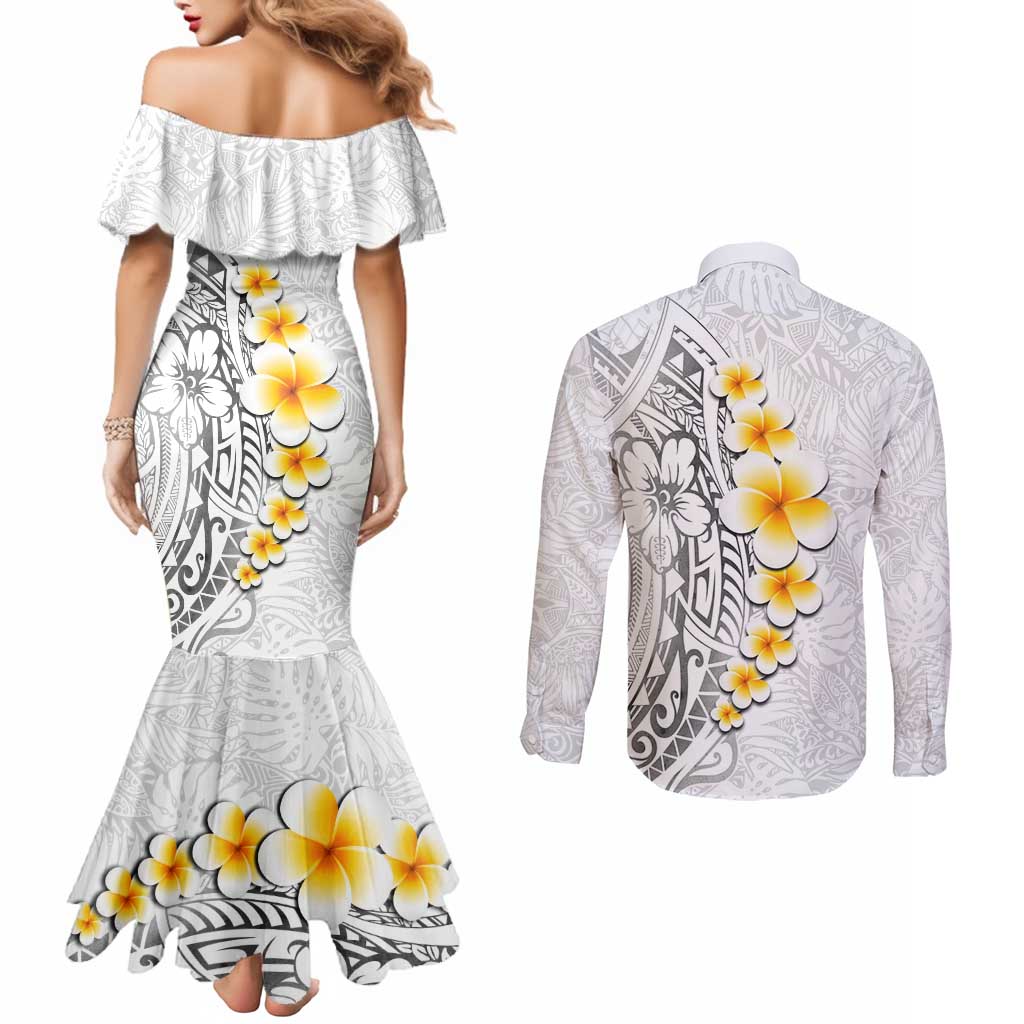 White Tropical Plumeria With Galaxy Polynesian Art Couples Matching Mermaid Dress and Long Sleeve Button Shirt