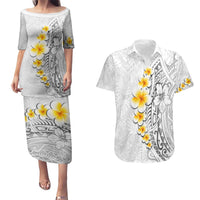 White Tropical Plumeria With Galaxy Polynesian Art Couples Matching Puletasi and Hawaiian Shirt LT14 White - Polynesian Pride