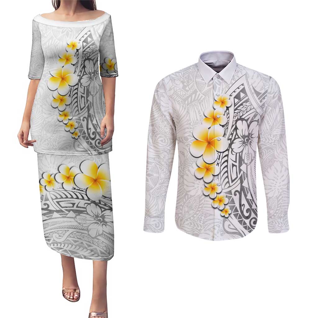 White Tropical Plumeria With Galaxy Polynesian Art Couples Matching Puletasi and Long Sleeve Button Shirt