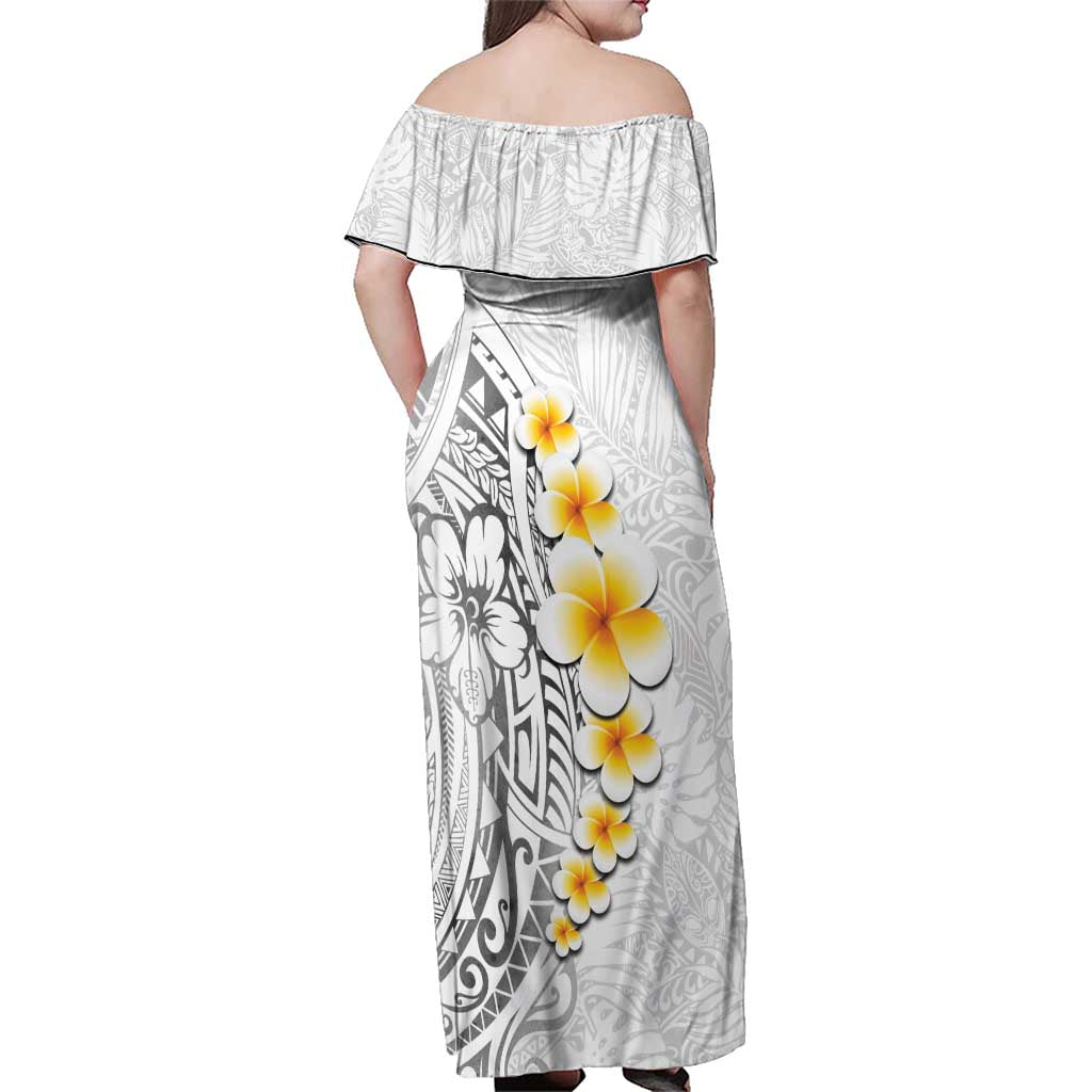 White Tropical Plumeria With Galaxy Polynesian Art Family Matching Off Shoulder Maxi Dress and Hawaiian Shirt