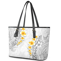 White Tropical Plumeria With Galaxy Polynesian Art Leather Tote Bag