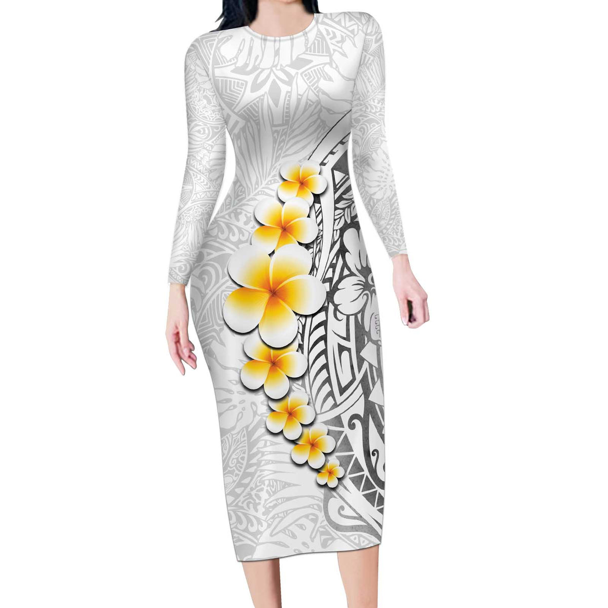 White Tropical Plumeria With Galaxy Polynesian Art Long Sleeve Bodycon Dress