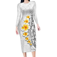 White Tropical Plumeria With Galaxy Polynesian Art Long Sleeve Bodycon Dress