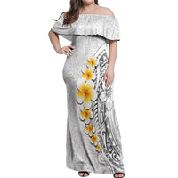 White Tropical Plumeria With Galaxy Polynesian Art Off Shoulder Maxi Dress