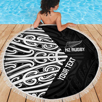 New Zealand Silver Fern Rugby Custom Beach Blanket Maori Koru Go Black Fern - Polynesian Pride