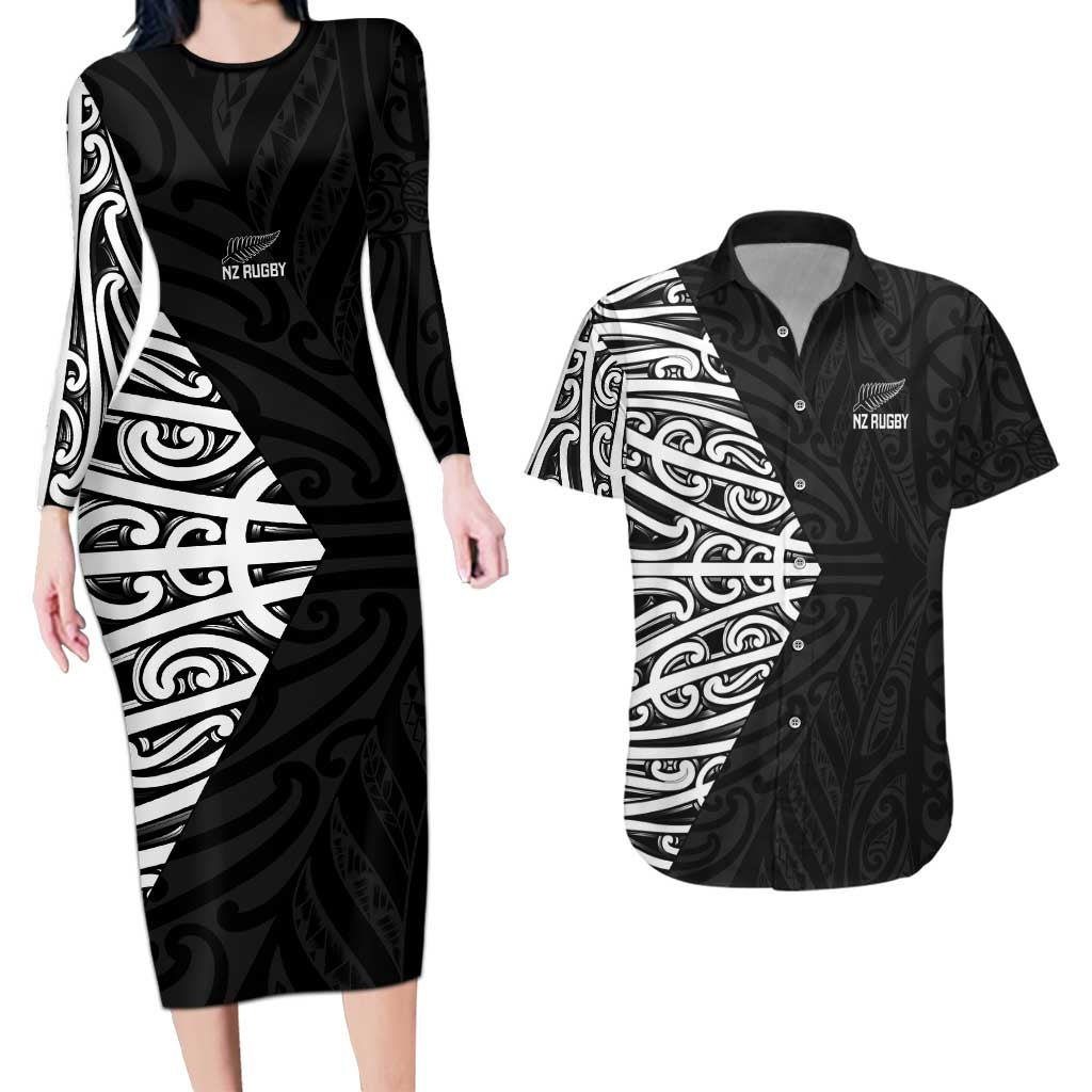 New Zealand Silver Fern Rugby Custom Couples Matching Long Sleeve Bodycon Dress and Hawaiian Shirt Maori Koru Go Black Fern - Polynesian Pride