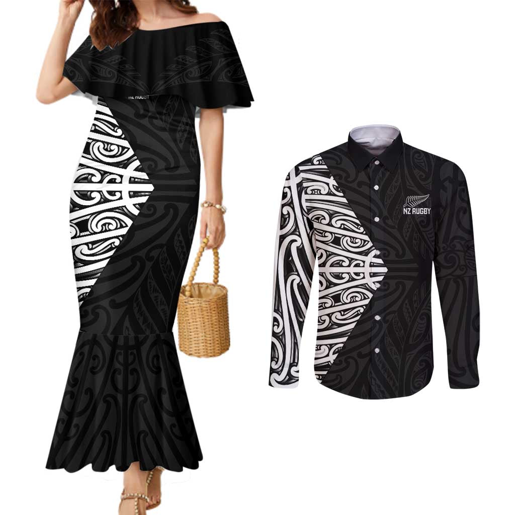 New Zealand Silver Fern Rugby Custom Couples Matching Mermaid Dress and Long Sleeve Button Shirt Maori Koru Go Black Fern - Polynesian Pride