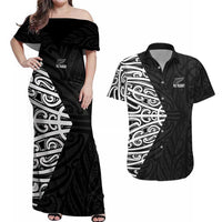 New Zealand Silver Fern Rugby Custom Couples Matching Off Shoulder Maxi Dress and Hawaiian Shirt Maori Koru Go Black Fern - Polynesian Pride