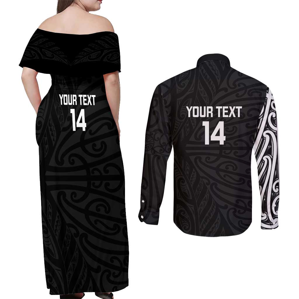 New Zealand Silver Fern Rugby Custom Couples Matching Off Shoulder Maxi Dress and Long Sleeve Button Shirt Maori Koru Go Black Fern - Polynesian Pride
