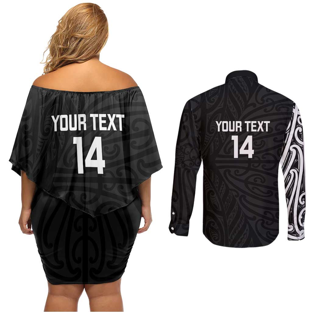 New Zealand Silver Fern Rugby Custom Couples Matching Off Shoulder Short Dress and Long Sleeve Button Shirt Maori Koru Go Black Fern - Polynesian Pride