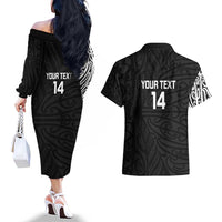 New Zealand Silver Fern Rugby Custom Couples Matching Off The Shoulder Long Sleeve Dress and Hawaiian Shirt Maori Koru Go Black Fern - Polynesian Pride