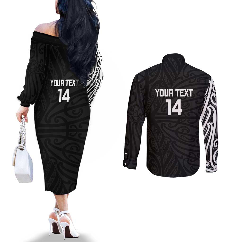New Zealand Silver Fern Rugby Custom Couples Matching Off The Shoulder Long Sleeve Dress and Long Sleeve Button Shirt Maori Koru Go Black Fern - Polynesian Pride
