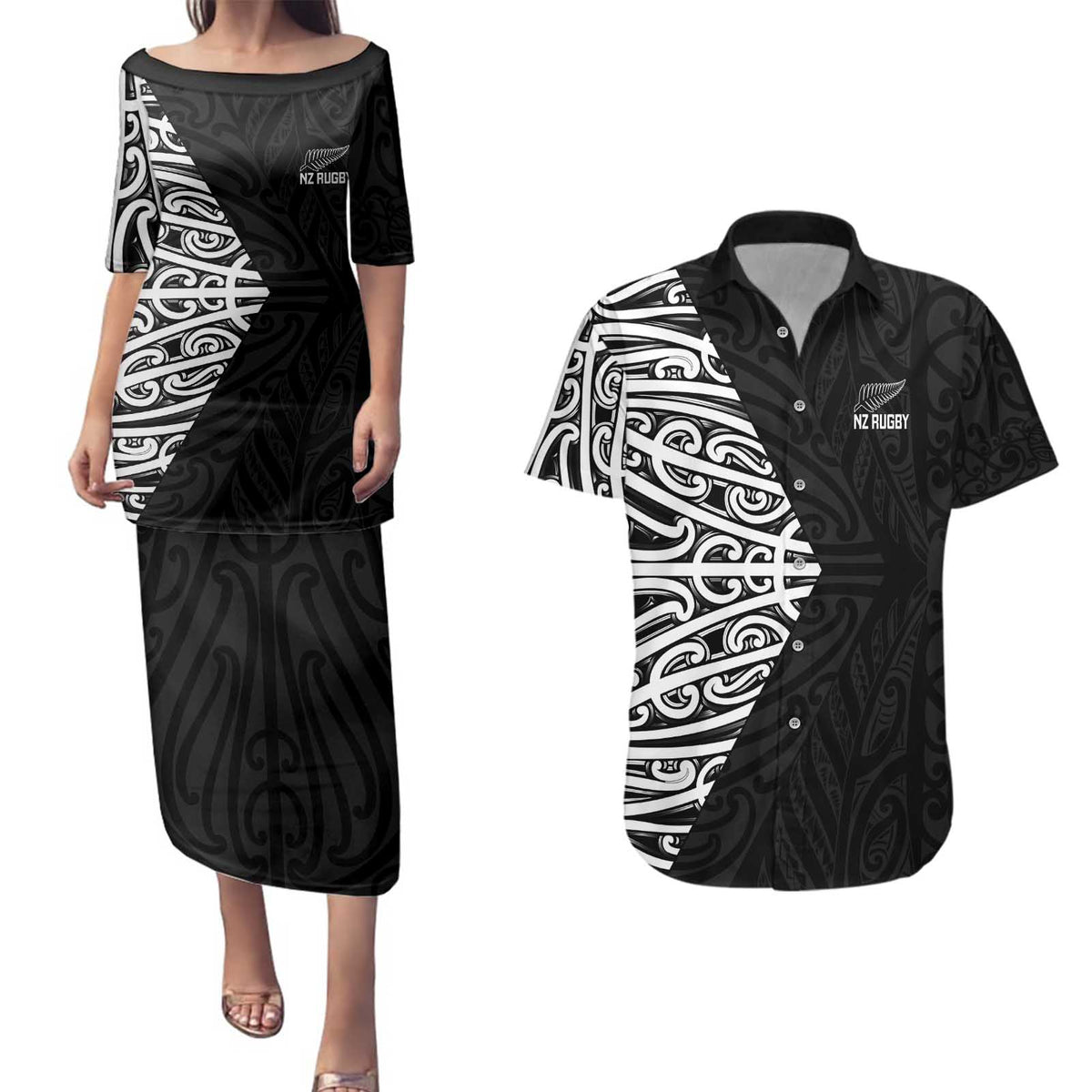 New Zealand Silver Fern Rugby Custom Couples Matching Puletasi and Hawaiian Shirt Maori Koru Go Black Fern - Polynesian Pride