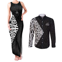 New Zealand Silver Fern Rugby Custom Couples Matching Tank Maxi Dress and Long Sleeve Button Shirt Maori Koru Go Black Fern - Polynesian Pride