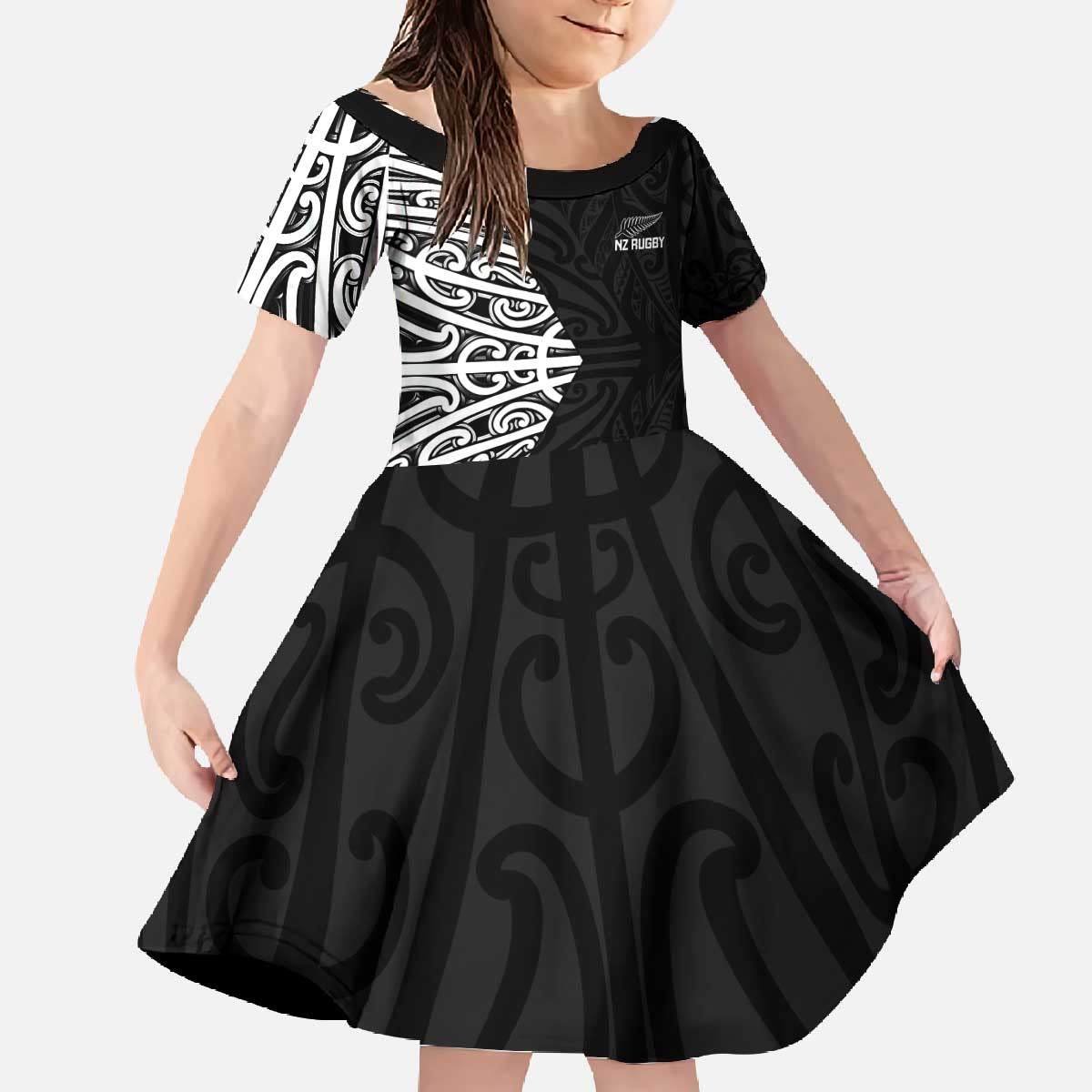 New Zealand Silver Fern Rugby Custom Family Matching Off The Shoulder Long Sleeve Dress and Hawaiian Shirt Maori Koru Go Black Fern - Polynesian Pride
