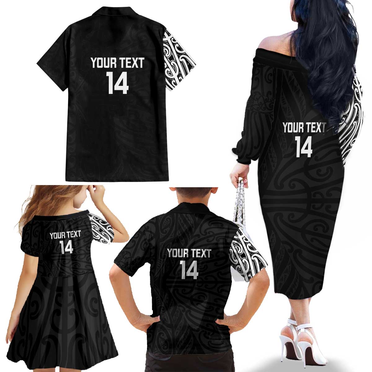 New Zealand Silver Fern Rugby Custom Family Matching Off The Shoulder Long Sleeve Dress and Hawaiian Shirt Maori Koru Go Black Fern - Polynesian Pride