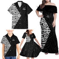 New Zealand Silver Fern Rugby Custom Family Matching Off Shoulder Maxi Dress and Hawaiian Shirt Maori Koru Go Black Fern - Polynesian Pride