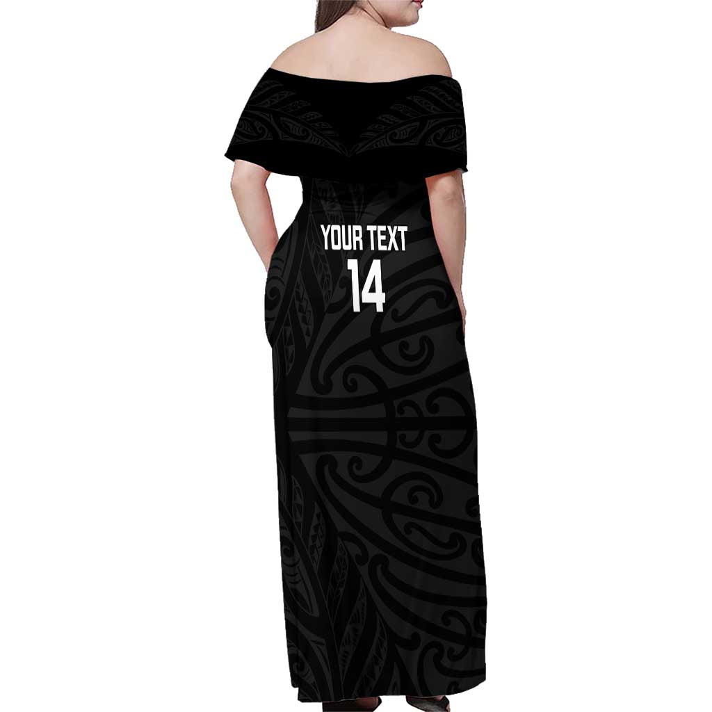 New Zealand Silver Fern Rugby Custom Family Matching Off Shoulder Maxi Dress and Hawaiian Shirt Maori Koru Go Black Fern - Polynesian Pride