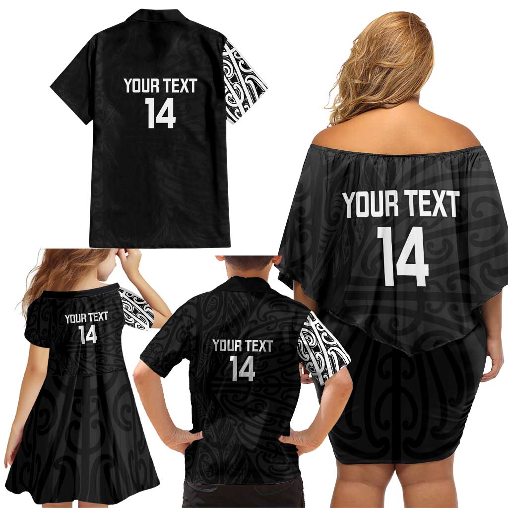 New Zealand Silver Fern Rugby Custom Family Matching Off Shoulder Short Dress and Hawaiian Shirt Maori Koru Go Black Fern - Polynesian Pride