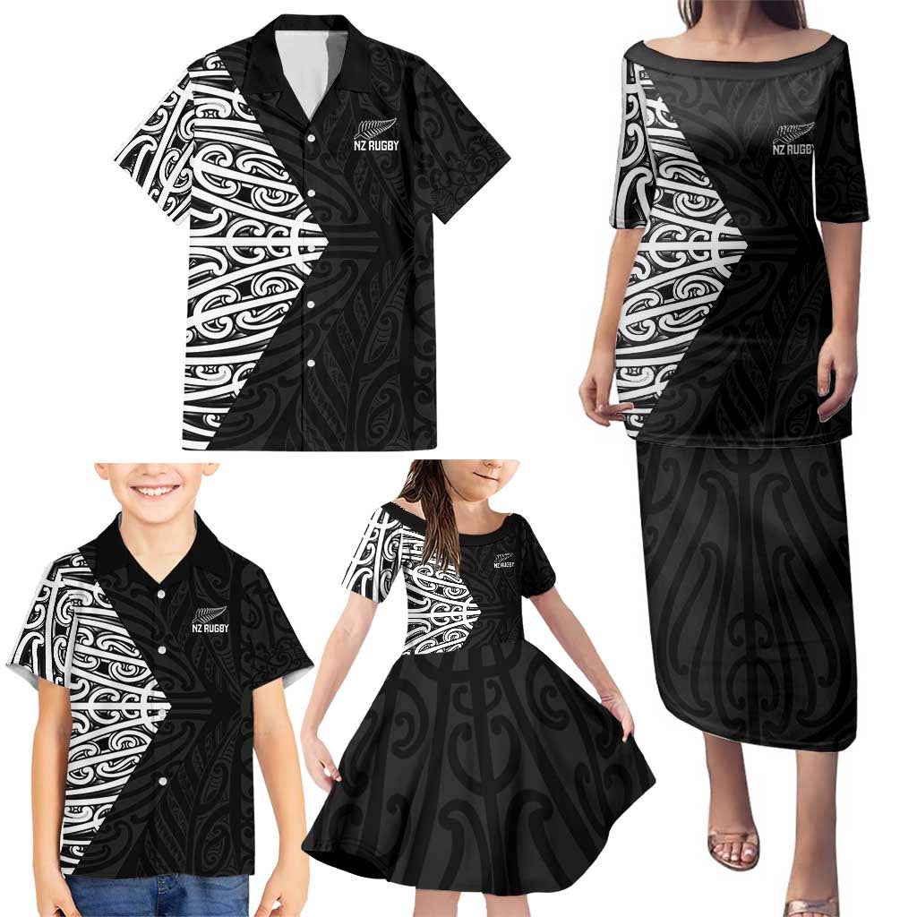 New Zealand Silver Fern Rugby Custom Family Matching Puletasi and Hawaiian Shirt Maori Koru Go Black Fern - Polynesian Pride