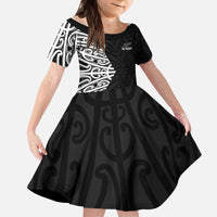 New Zealand Silver Fern Rugby Custom Kid Short Sleeve Dress Maori Koru Go Black Fern - Polynesian Pride