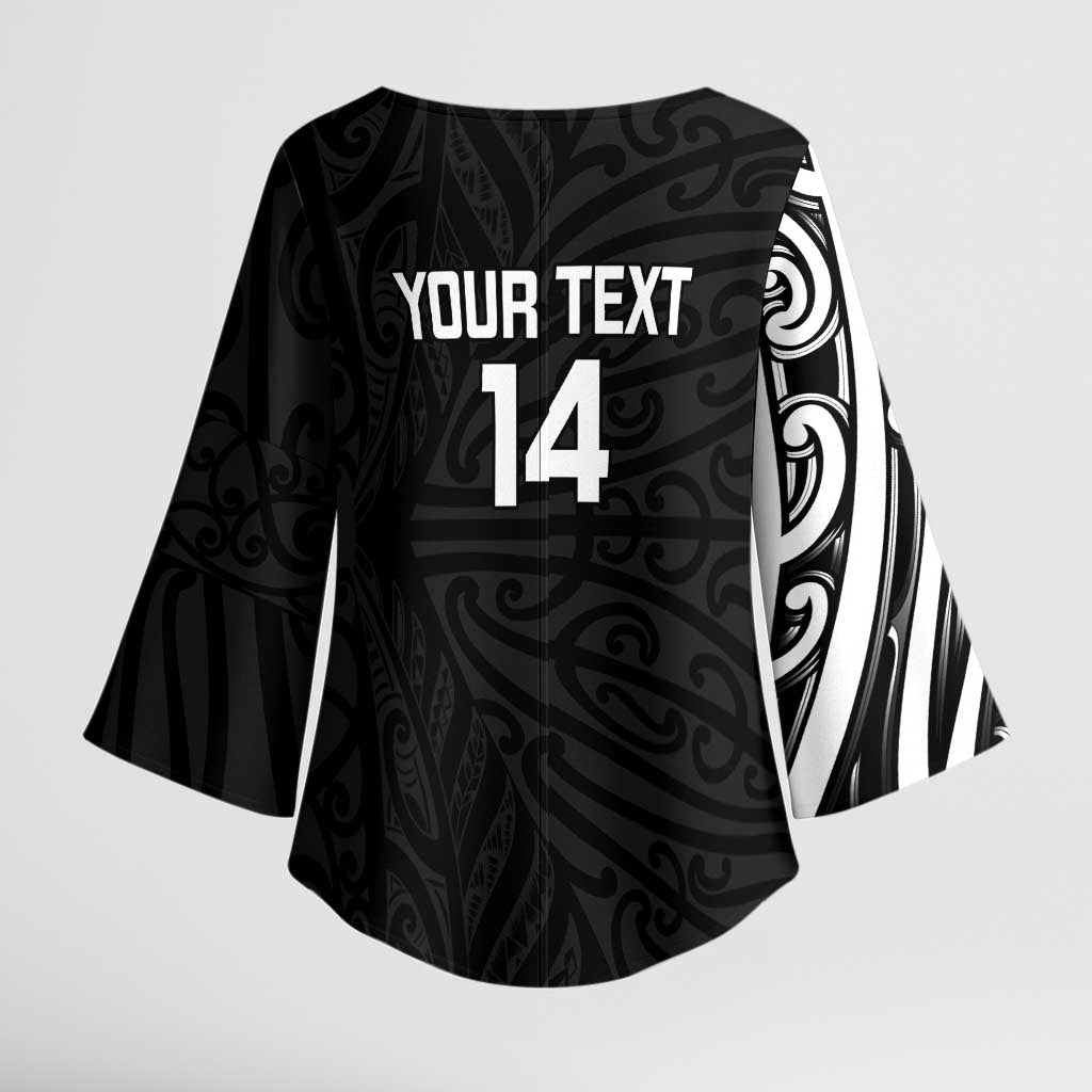 New Zealand Silver Fern Rugby Custom Kimono Sleeve Blouse Maori Koru Go Black Fern - Polynesian Pride