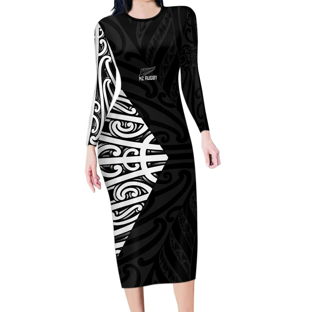 New Zealand Silver Fern Rugby Custom Long Sleeve Bodycon Dress Maori Koru Go Black Fern - Polynesian Pride