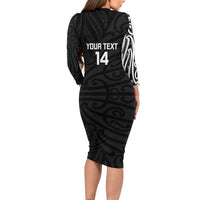 New Zealand Silver Fern Rugby Custom Long Sleeve Bodycon Dress Maori Koru Go Black Fern - Polynesian Pride