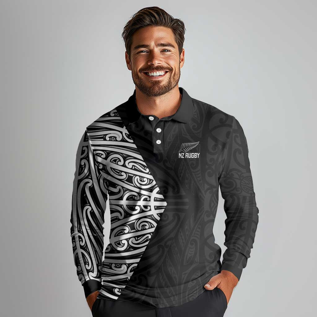 New Zealand Silver Fern Rugby Custom Long Sleeve Polo Shirt Maori Koru Go Black Fern - Polynesian Pride