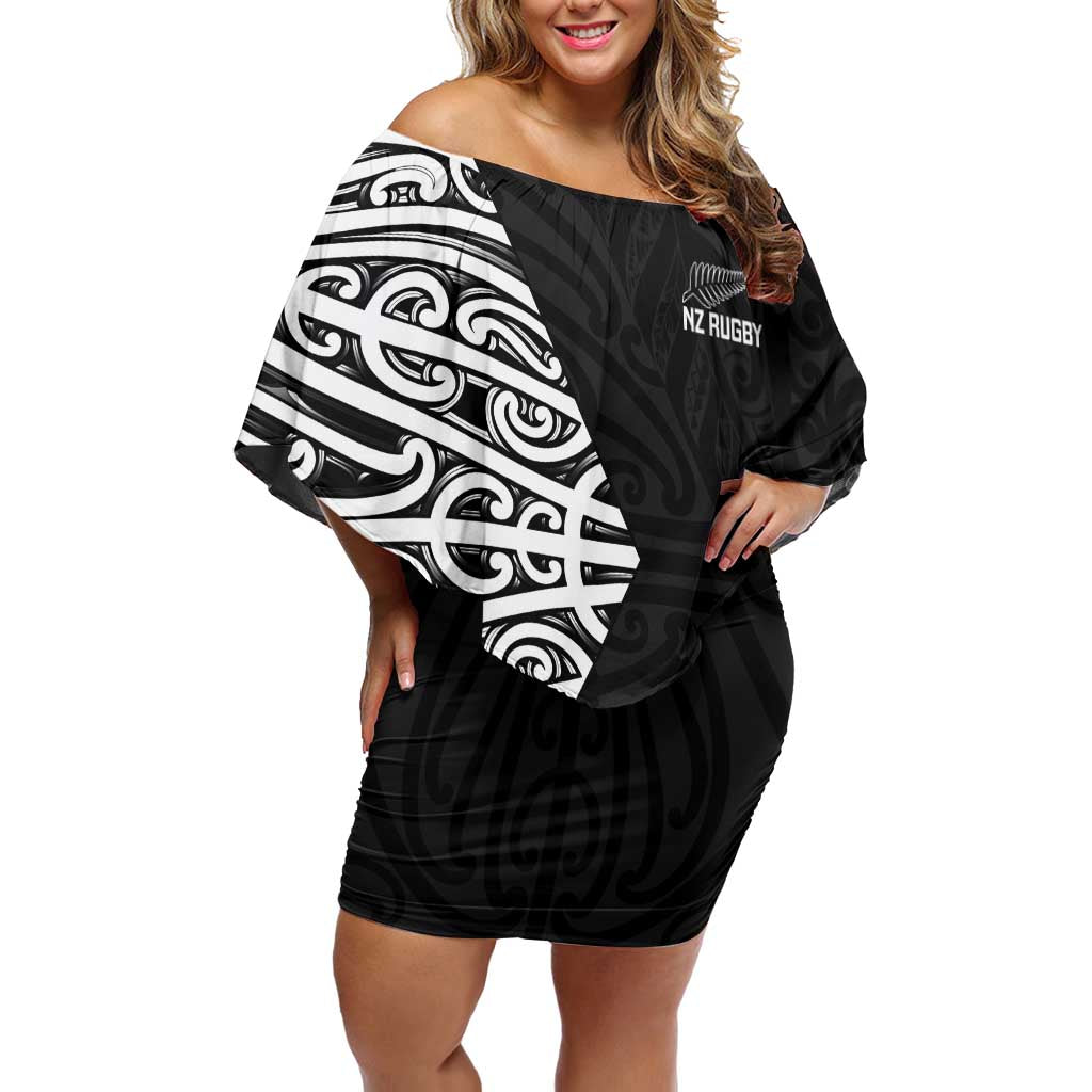 New Zealand Silver Fern Rugby Custom Off Shoulder Short Dress Maori Koru Go Black Fern - Polynesian Pride