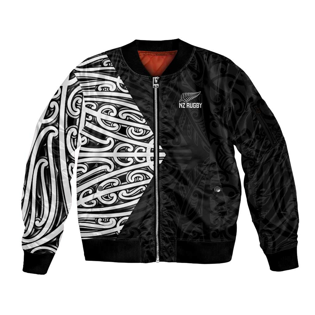 New Zealand Silver Fern Rugby Custom Sleeve Zip Bomber Jacket Maori Koru Go Black Fern - Polynesian Pride