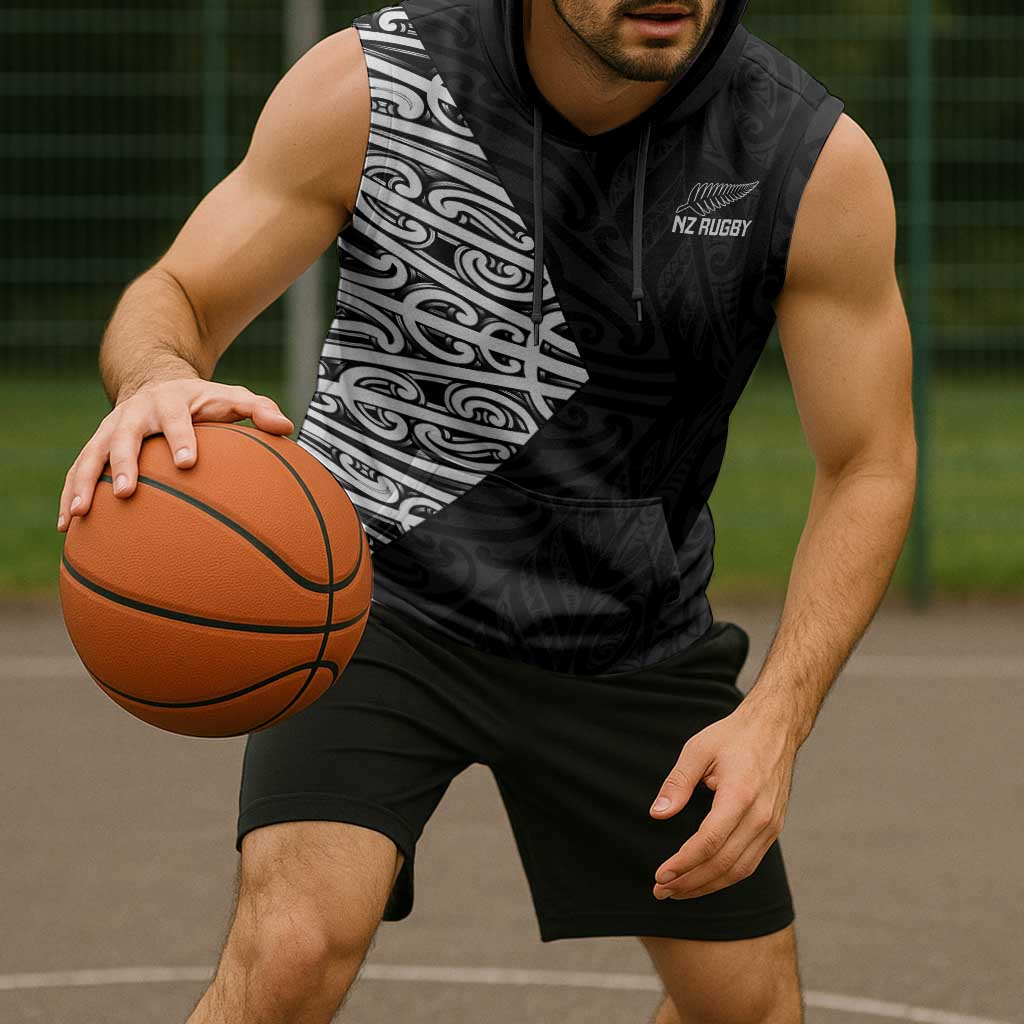 New Zealand Silver Fern Rugby Custom Sleeveless Hoodie Maori Koru Go Black Fern - Polynesian Pride