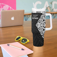 New Zealand Silver Fern Rugby Custom Tumbler With Handle Maori Koru Go Black Fern - Polynesian Pride