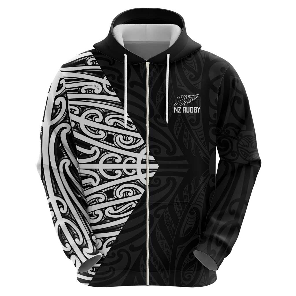 New Zealand Silver Fern Rugby Custom Zip Hoodie Maori Koru Go Black Fern - Polynesian Pride