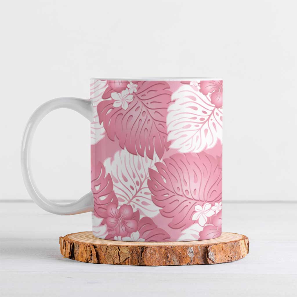 Pink Aloha Hawaii Ceramic Mug Monstera Hibiscus Plumeria Seamless Vibes - Polynesian Pride