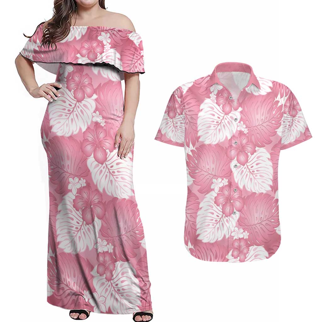 Pink Aloha Hawaii Couples Matching Off Shoulder Maxi Dress and Hawaiian Shirt Monstera Hibiscus Plumeria Seamless Vibes - Polynesian Pride