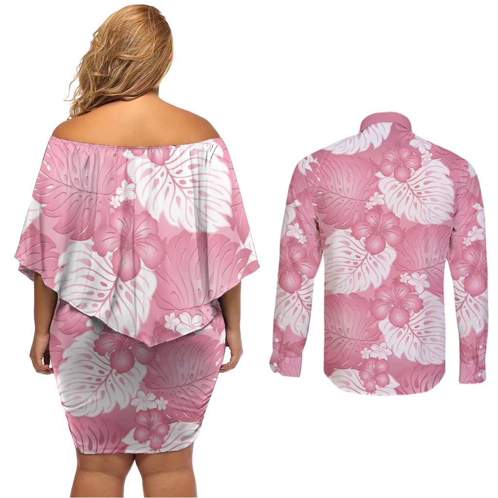 Pink Aloha Hawaii Couples Matching Off Shoulder Short Dress and Long Sleeve Button Shirt Monstera Hibiscus Plumeria Seamless Vibes - Polynesian Pride