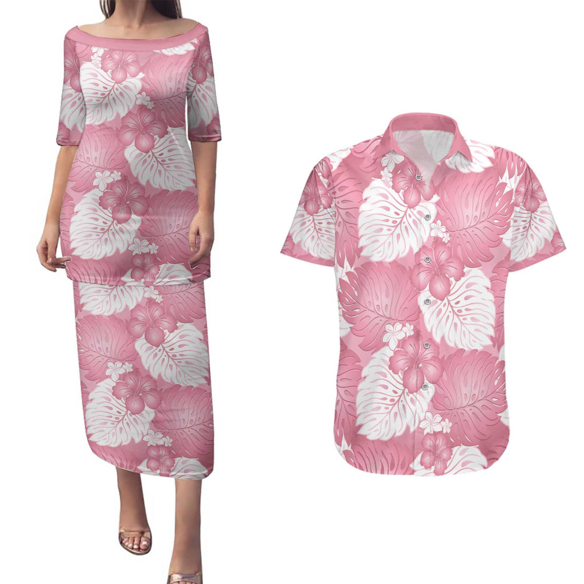 Pink Aloha Hawaii Couples Matching Puletasi and Hawaiian Shirt Monstera Hibiscus Plumeria Seamless Vibes - Polynesian Pride
