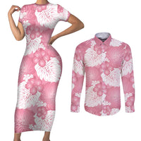 Pink Aloha Hawaii Couples Matching Short Sleeve Bodycon Dress and Long Sleeve Button Shirt Monstera Hibiscus Plumeria Seamless Vibes - Polynesian Pride