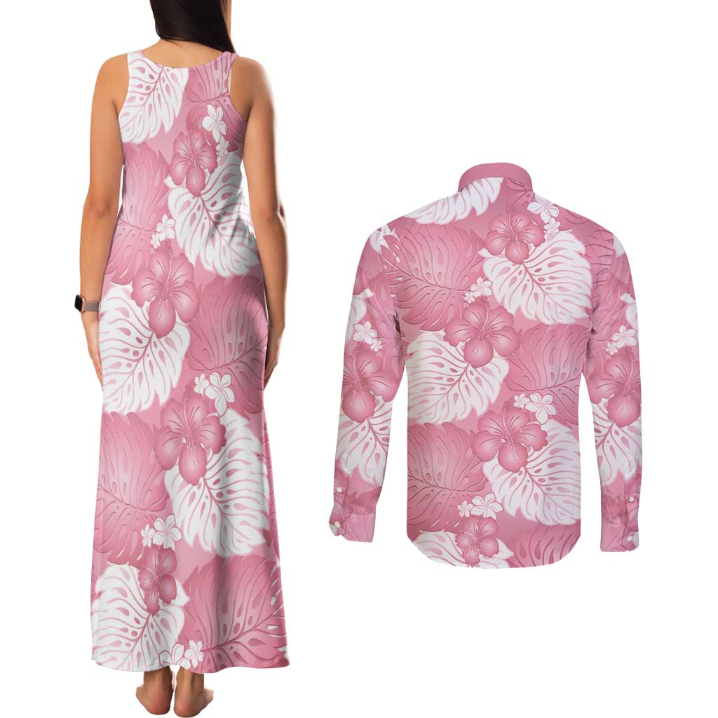 Pink Aloha Hawaii Couples Matching Tank Maxi Dress and Long Sleeve Button Shirt Monstera Hibiscus Plumeria Seamless Vibes - Polynesian Pride