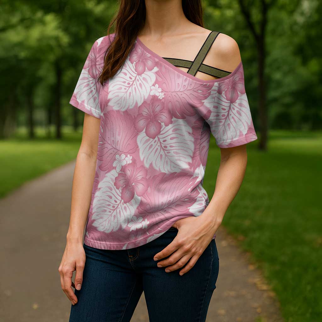 Pink Aloha Hawaii Cross Shoulder Shirt Monstera Hibiscus Plumeria Seamless Vibes - Polynesian Pride