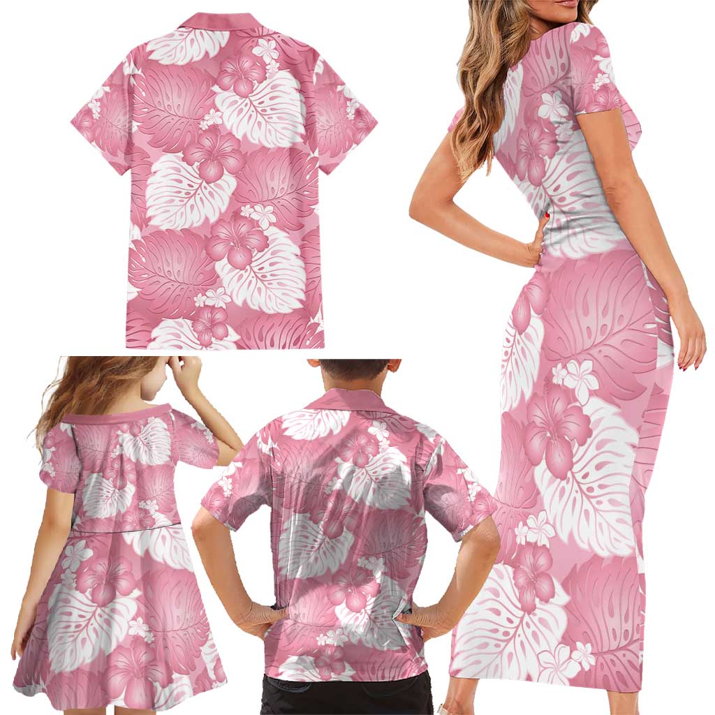 Pink Aloha Hawaii Family Matching Short Sleeve Bodycon Dress and Hawaiian Shirt Monstera Hibiscus Plumeria Seamless Vibes - Polynesian Pride